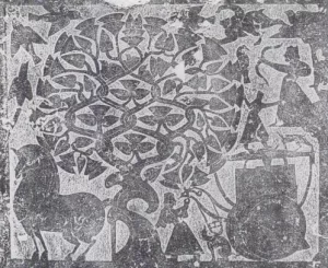 Xihe stands near the Fusang tree and begins to hitch the sun chariot to a dragon-horse, rubbing from the Wu Family Shrines reliefs, mid-2nd century